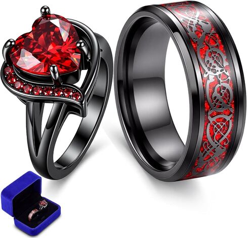 Huwena 2 Pcs Matching Ring for Couple, Stainless Steel Couples Rings Set, Matching Gothic Ring for Him and Her, Red Heart Cubic Zirconia Engagement Wedding Rings in Kuwait
