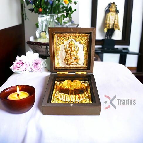 Lord Ganesha Pocket Temple for Pooja RoomIGold Plated Decorative Shri Ganeshay Namah Photo Frame & Charan PadukaIBest Gift for Family & FriendsIDiwali Gift & Home Decor-7.5 cm in Saudi Arabia