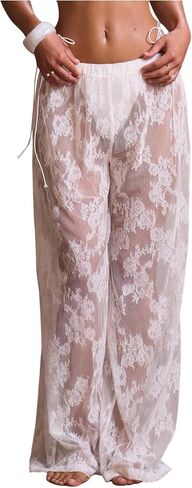 MakeMeChic Women's Beach Cover Up Pants Floral Lace Mesh Sheer Elastic Waist Bathing Suit Beach Pants in Kuwait