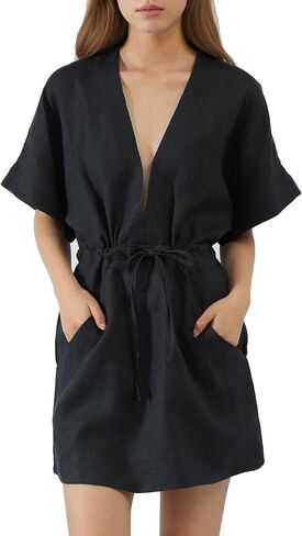 Women's Swimsuit Cover Up 100% Linen Robe for Women Beachwear Sleeveless V Neck Lounge Dress in Kuwait