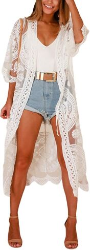 Awoscut Women's Swimwear Cover Ups Summer Long Mesh Swimsuit Bathing Suit Loose Beach Lace Kimono Cardigan Beachwear in Saudi Arabia