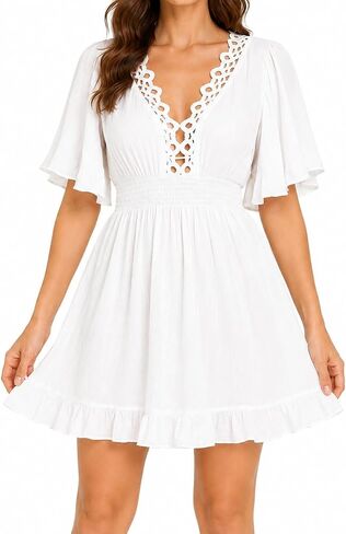 Women Solid White Hand Crochet Deep V Neck Sportswear style Beach Swimsuit Cover Ups Dress Womens Bathing Suit Cover Up Swimsuit Coverup (One Size, White-Beach Dress) in Kuwait