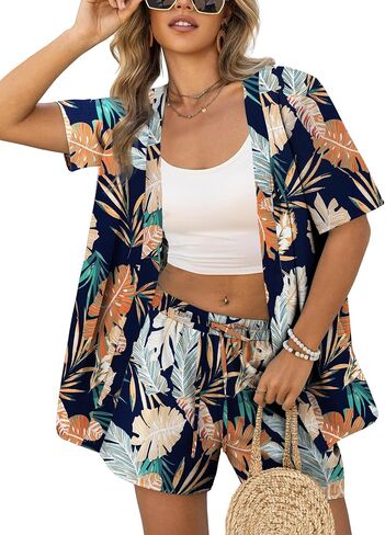 VOIANLIMO Womens 2 Piece Outfits Lightweight Hawaiian Beach Tropical Print Cover Up Shorts Set Vacation Beachwear (S-XL) in Saudi Arabia
