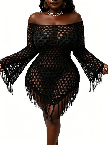 Bathing Suit Cover Up for Women Summer Beach Crochet Mesh Knit Hollow Out Off The Shoulder Swim Swimsuit Bikini Dress in Saudi Arabia