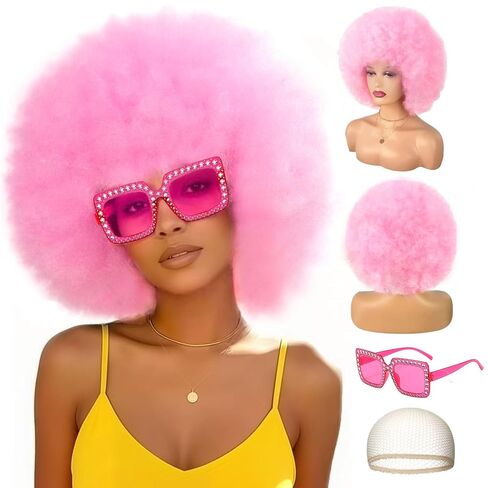 Colored Afro Wigs for Women Men 70s and Disco Sunglasses Set, Funny Wig with Curly Bouncy Huge Fluffy Puff and Oversize Retro Rhinestone Sunglasses - for Costume Cosplay Party (Black) in Saudi Arabia