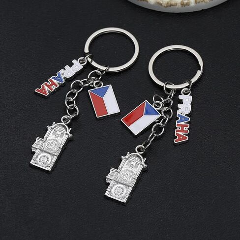 Prague Souvenir Keychain, Czech Flag and Prague Clock Landmark Alloy Pendant,Travel Memento in Saudi Arabia