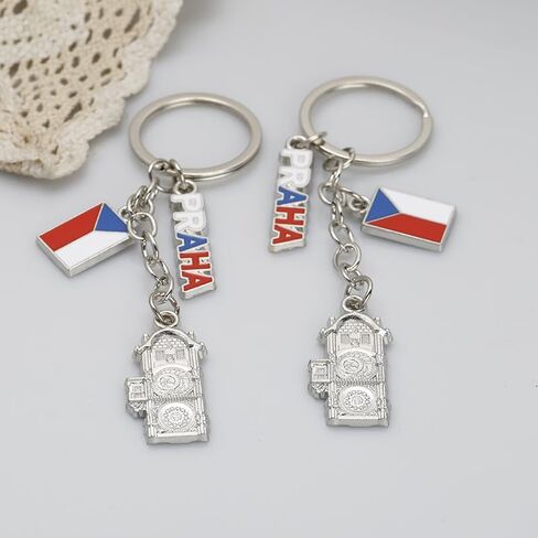 Prague Souvenir Keychain, Czech Flag and Prague Clock Landmark Alloy Pendant,Travel Memento in Saudi Arabia