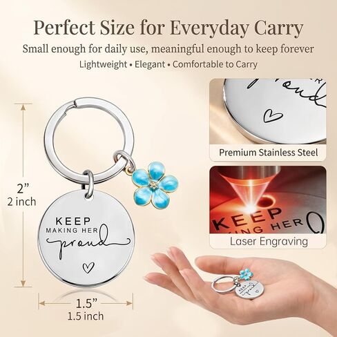 Memorial Gifts for Loss of Mom, Sympathy Keychain for Women, Keep Making Her Proud Remembrance Keepsake with Something Blue Flower Charm, In Loving Memory Grief Gift for Mother's Day, Daily Carry in Saudi Arabia