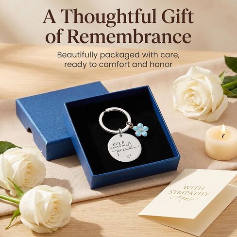 Memorial Gifts for Loss of Mom, Sympathy Keychain for Women, Keep Making Her Proud Remembrance Keepsake with Something Blue Flower Charm, In Loving Memory Grief Gift for Mother's Day, Daily Carry in Saudi Arabia