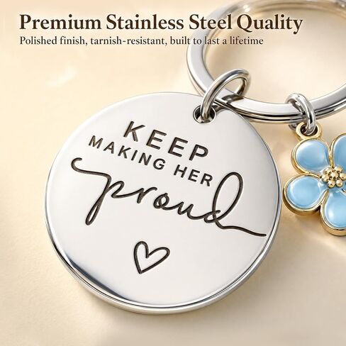 Memorial Gifts for Loss of Mom, Sympathy Keychain for Women, Keep Making Her Proud Remembrance Keepsake with Something Blue Flower Charm, In Loving Memory Grief Gift for Mother's Day, Daily Carry in Saudi Arabia