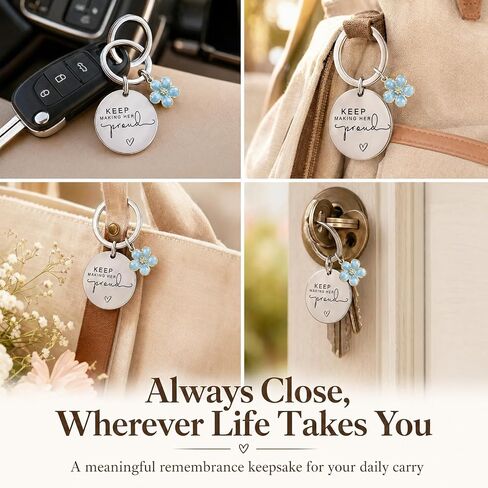 Memorial Gifts for Loss of Mom, Sympathy Keychain for Women, Keep Making Her Proud Remembrance Keepsake with Something Blue Flower Charm, In Loving Memory Grief Gift for Mother's Day, Daily Carry in Saudi Arabia