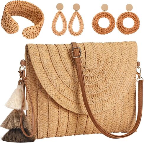 Potchen 6 Pcs Straw Clutch Purse for Women Rattan Earrings Cuff Bangle Bracelet Set Summer Beach Straw Bag Boho Crossbody Bag Woven for Vacation in Kuwait