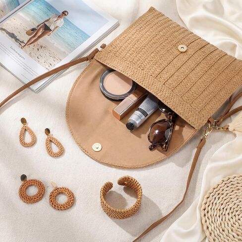 Potchen 6 Pcs Straw Clutch Purse for Women Rattan Earrings Cuff Bangle Bracelet Set Summer Beach Straw Bag Boho Crossbody Bag Woven for Vacation in Kuwait