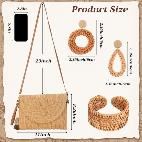 Potchen 6 Pcs Straw Clutch Purse for Women Rattan Earrings Cuff Bangle Bracelet Set Summer Beach Straw Bag Boho Crossbody Bag Woven for Vacation in Kuwait