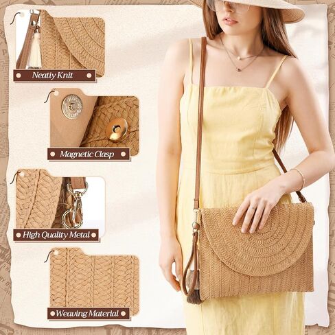 Potchen 6 Pcs Straw Clutch Purse for Women Rattan Earrings Cuff Bangle Bracelet Set Summer Beach Straw Bag Boho Crossbody Bag Woven for Vacation in Kuwait
