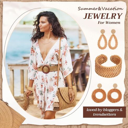 Potchen 6 Pcs Straw Clutch Purse for Women Rattan Earrings Cuff Bangle Bracelet Set Summer Beach Straw Bag Boho Crossbody Bag Woven for Vacation in Kuwait