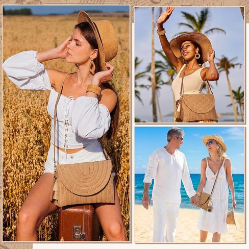 Potchen 6 Pcs Straw Clutch Purse for Women Rattan Earrings Cuff Bangle Bracelet Set Summer Beach Straw Bag Boho Crossbody Bag Woven for Vacation in Kuwait