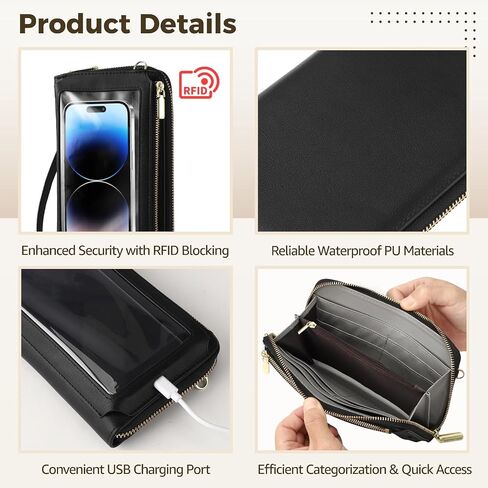 Touch Screen Cell Phone Purse, RFID Blocking Crossbody Phone Purse with USB Charging Port, Detachable Straps, 8 Card Slots, Small Travel Wallet for Women, Black in Saudi Arabia