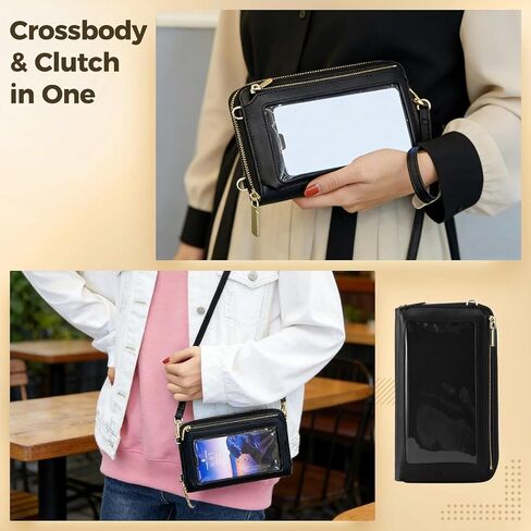 Touch Screen Cell Phone Purse, RFID Blocking Crossbody Phone Purse with USB Charging Port, Detachable Straps, 8 Card Slots, Small Travel Wallet for Women, Black in Saudi Arabia