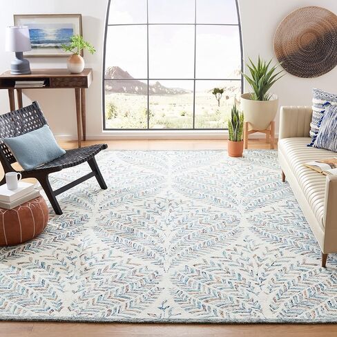 سجادة منطقة SAFAVIEH Capri Collection - 9 × 12 بوصة، عاجي وأزرق، صوف مصنوع يدويًا، مثالية للمناطق ذات حركة المرور العالية في غرفة المعيشة وغرفة النوم (CPR208A) in Kuwait