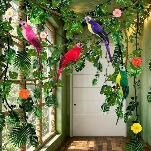 FRIENDISU 39 pcs Vbs 2026 Jungle Party Decoration Rainforest Falls Decor with Tropical Parrot Palm Leaves, Fake Vines Artificial Rattan Hibiscus Flowers for Birthday Classroom Decor in Saudi Arabia