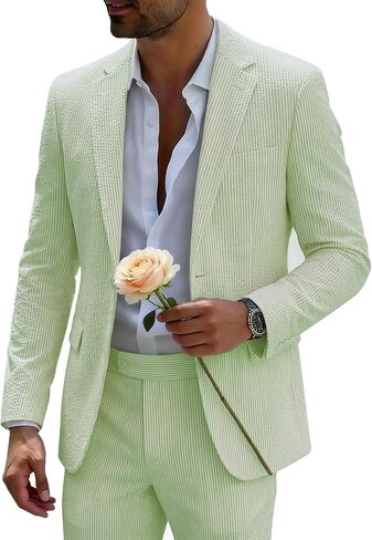 Men's Seersucker Summer Suit 2 Piece Slim Fit Pinstripe Casual Jacket & Pants for Beach Wedding/Summer Wedding in Saudi Arabia