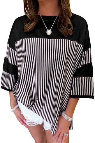 Apvirdy Women's Oversized Striped Tops Summer Crew Neck 3/4 Sleeve Color Block Tee Shirts Casual Loose Fit Tunic Top in Saudi Arabia