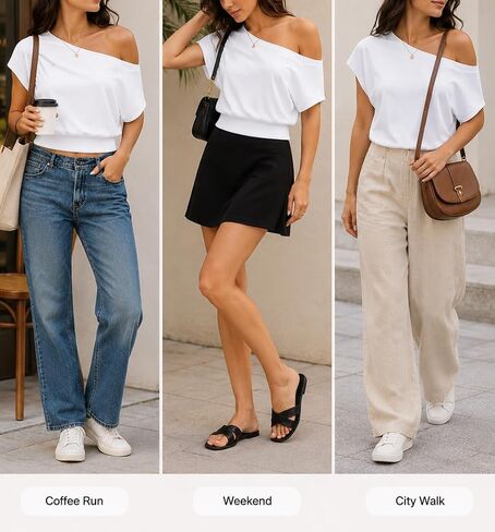 SOFIA'S CHOICE Women's Off The Shoulder T Shirt Crop Top Casual Summer Dolman Sleeve Asymmetrical Cinched Waist Tops in Saudi Arabia
