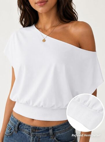 SOFIA'S CHOICE Women's Off The Shoulder T Shirt Crop Top Casual Summer Dolman Sleeve Asymmetrical Cinched Waist Tops in Saudi Arabia