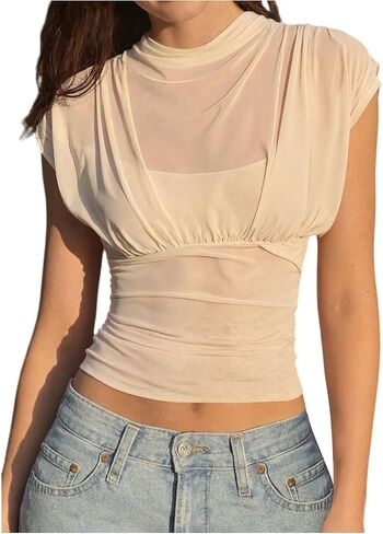Floerns Women's Mesh Cap Sleeve Tops See Through Ruched Mock Neck Night Out Crop Tops in Kuwait