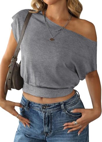 SOFIA'S CHOICE Women's Off The Shoulder T Shirt Crop Top Casual Summer Dolman Sleeve Asymmetrical Cinched Waist Tops in Saudi Arabia