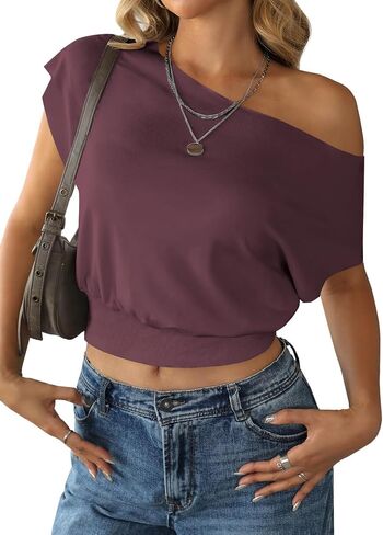 SOFIA'S CHOICE Women's Off The Shoulder T Shirt Crop Top Casual Summer Dolman Sleeve Asymmetrical Cinched Waist Tops in Saudi Arabia