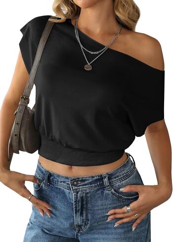 SOFIA'S CHOICE Women's Off The Shoulder T Shirt Crop Top Casual Summer Dolman Sleeve Asymmetrical Cinched Waist Tops in Saudi Arabia