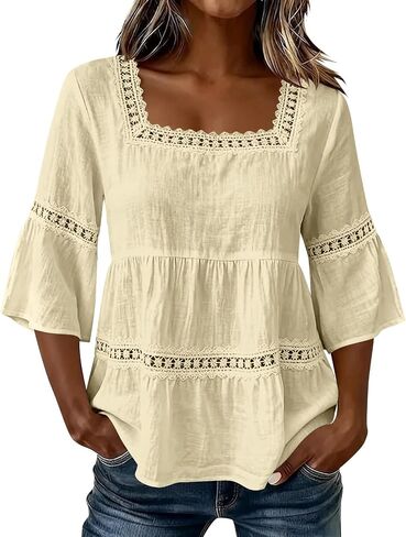 Cotton Linen Tops for Women Summer Gauze Shirts 3/4 Sleeve Square Neck Blouses Dressy Casual Loose Vacation Clothes in Kuwait