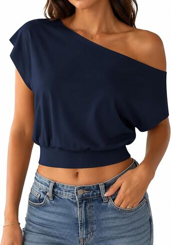 SOFIA'S CHOICE Women's Off The Shoulder T Shirt Crop Top Casual Summer Dolman Sleeve Asymmetrical Cinched Waist Tops in Saudi Arabia