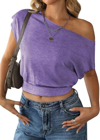 SOFIA'S CHOICE Women's Off The Shoulder T Shirt Crop Top Casual Summer Dolman Sleeve Asymmetrical Cinched Waist Tops in Saudi Arabia