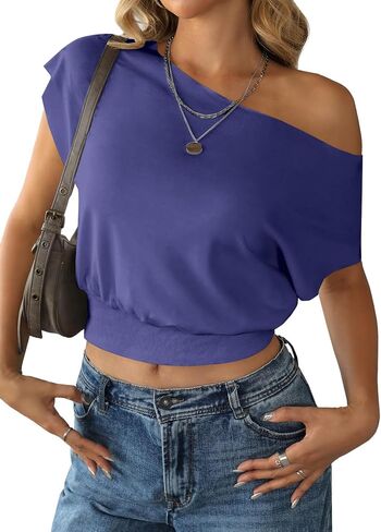 SOFIA'S CHOICE Women's Off The Shoulder T Shirt Crop Top Casual Summer Dolman Sleeve Asymmetrical Cinched Waist Tops in Saudi Arabia