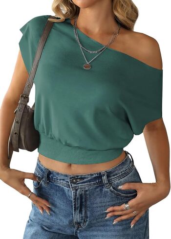 SOFIA'S CHOICE Women's Off The Shoulder T Shirt Crop Top Casual Summer Dolman Sleeve Asymmetrical Cinched Waist Tops in Saudi Arabia