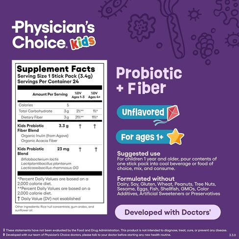 Physician's Choice Kids Probiotic + Prebiotic Fiber Packets (Ages 1+) - Supports Regularity, Occasional Constipation & A Healthy Digestive System - No Allergens or Preservatives - Unflavored - 24 Pack in Saudi Arabia