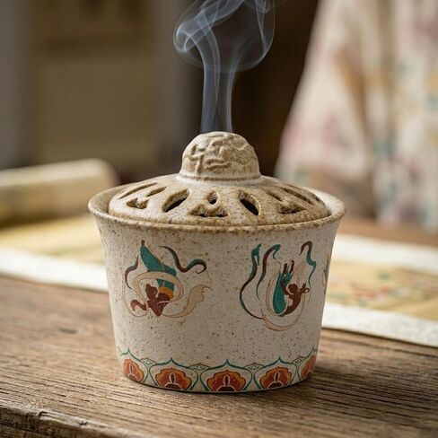 Handmade Dunhuang Flying Apsaras Incense Burner,Ceramic Censer 4.5" x 4.5" x 3.9" – Grit Texture & Kiln-Change Glaze – Chinese Buddhist Decor for Meditation in Saudi Arabia
