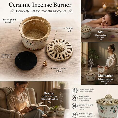 Handmade Dunhuang Flying Apsaras Incense Burner,Ceramic Censer 4.5" x 4.5" x 3.9" – Grit Texture & Kiln-Change Glaze – Chinese Buddhist Decor for Meditation in Saudi Arabia