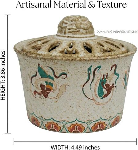 Handmade Dunhuang Flying Apsaras Incense Burner,Ceramic Censer 4.5" x 4.5" x 3.9" – Grit Texture & Kiln-Change Glaze – Chinese Buddhist Decor for Meditation in Saudi Arabia