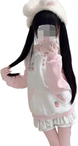 Pokn Y2K Bunny Ear Jojifuku Cutecore Kawaii Hoodie Clothes Women Long Sleeves Tops Graphic Cutecore Shoujo Clothes in Saudi Arabia