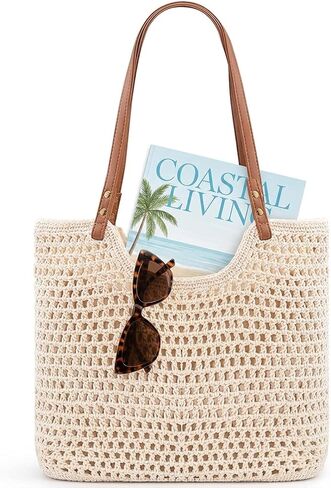 Crochet Beach Bags for Women, Reinforced Strap Woven Tote Bag with Zipper, Lined Boho Summer Vacation Travel Purse in Kuwait