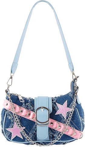 Y2K Denim Purse for Women, Star Embroidery Blue Jean Purse, Mini Crossbody Shoulder Bag with Convertible Straps in Saudi Arabia