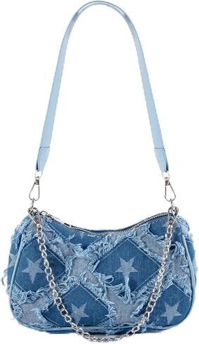 Y2K Denim Purse for Women, Star Embroidery Blue Jean Purse, Mini Crossbody Shoulder Bag with Convertible Straps in Saudi Arabia