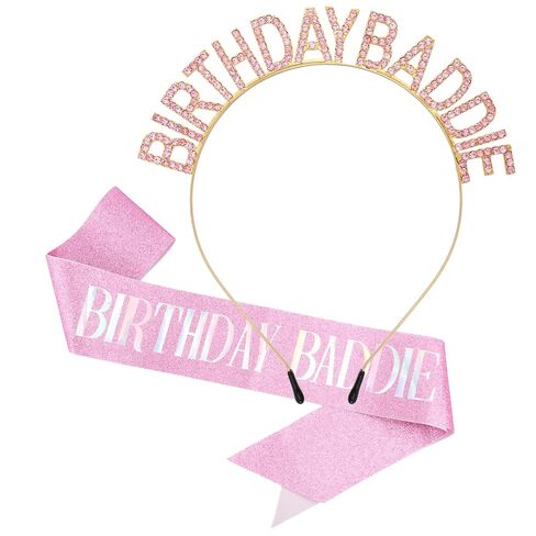 Canitor Birthday Baddie Sash Crown Set Birthday Gifts Party Favors Supplies Decorations & Accessories for Women Girl Adult Dress Outfits Rhinestone Tiara Headband Soft Satin Sash in Saudi Arabia