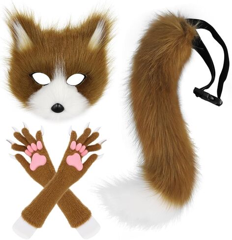 SMILETERNITY Faux Fur Animal Cat Fox Mask Wolf Tail and Long Paw Gloves Set for Halloween Party Costume Accessories in Saudi Arabia
