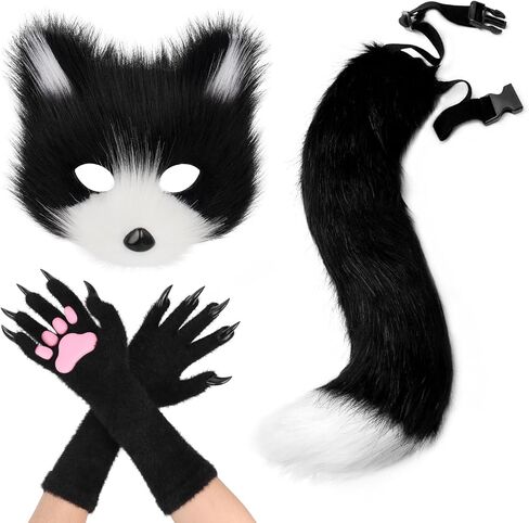 SMILETERNITY Faux Fur Animal Cat Fox Mask Wolf Tail and Long Paw Gloves Set for Halloween Party Costume Accessories in Saudi Arabia
