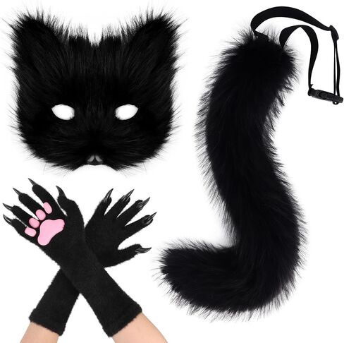 SMILETERNITY Faux Fur Animal Cat Fox Mask Wolf Tail and Long Paw Gloves Set for Halloween Party Costume Accessories in Saudi Arabia